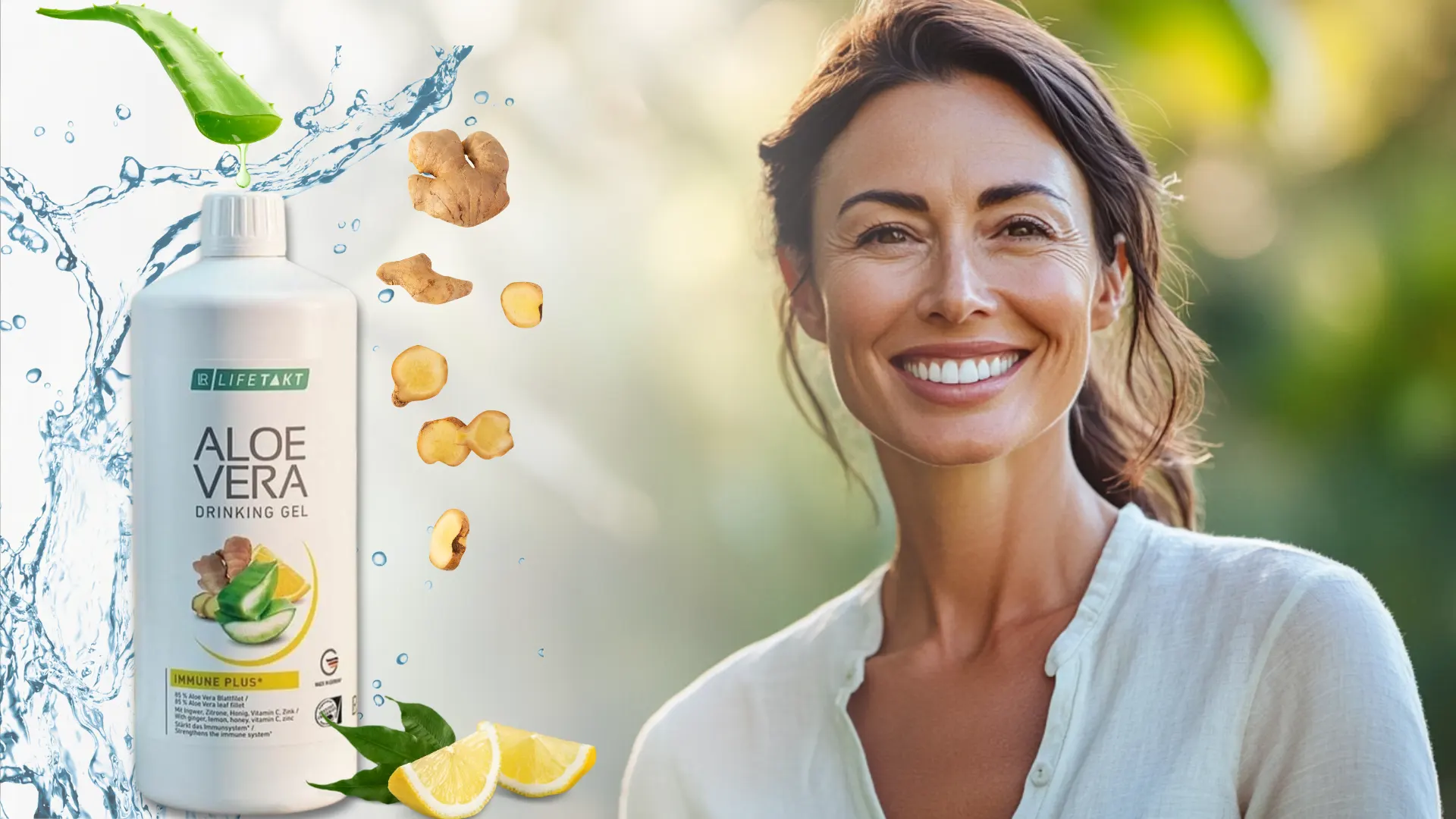 Une femme épanouie et en pleine forme après une grippe, grâce au gel à boire Aloe Vera Immune Plus de LR Health & Beauty. Une solution naturelle pour retrouver énergie et bien-être rapidement.