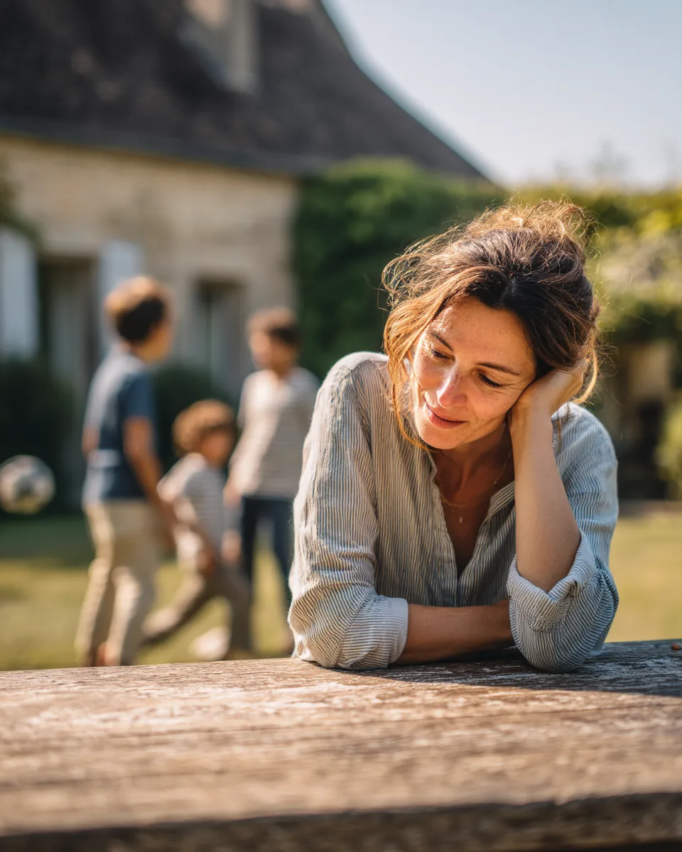 fatigue-vacances-femme-epuisee-maladie-loisirs-sainaloe-lr-health-famille Femme assise dans un jardin de campagne, la tête dans les mains, exprimant l'épuisement mental pendant que sa famille s'amuse, sainaloe.com et LR Health & Beauty.