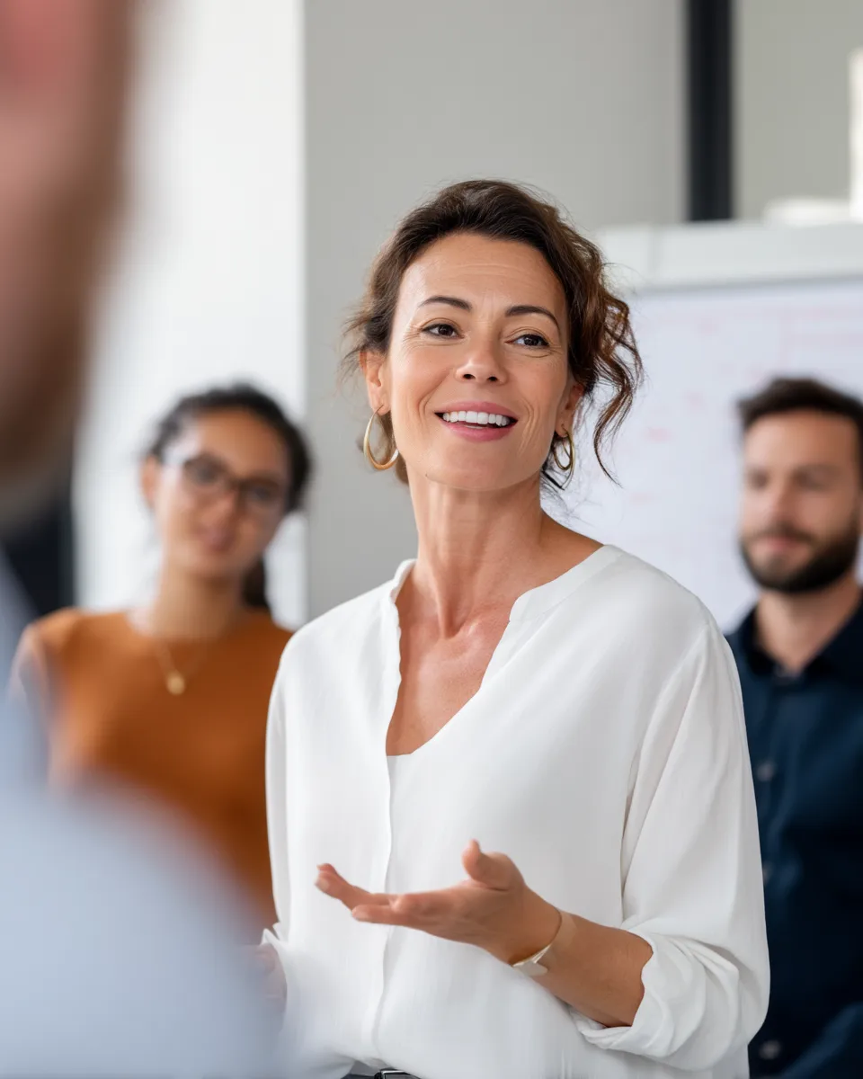 femme-manager-active-en-reunion-bureau-energie-projet-lr-health-sainaloe Femme manager de 45 ans présentant un projet en réunion, scène professionnelle dynamique illustrant l'énergie avant les vacances, sainaloe.com et LR Health & Beauty.