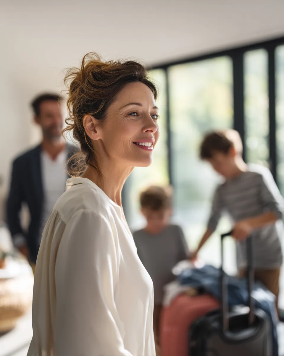 preparation-vacances-famille-heureuse-valise-femme-active-sainaloe-lr-health Famille française préparant ses valises dans une ambiance chaleureuse, la mère partage un moment de joie avec son mari et ses enfants, sainaloe.com et LR Health & Beauty.