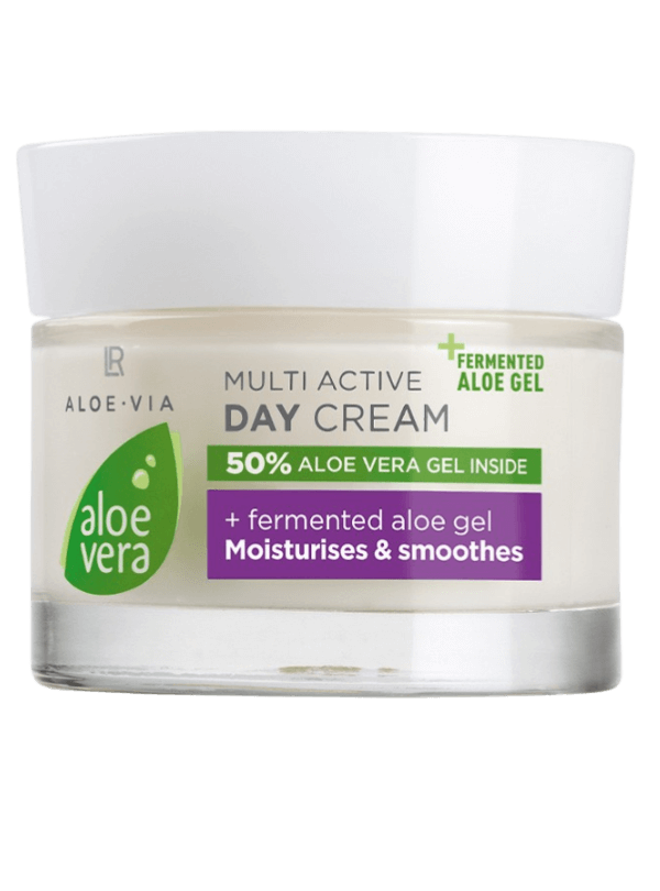 Pot de crème de jour Aloe Vera multi-active hydratante et lissante pour un teint éclatant et une peau douce toute la journée.