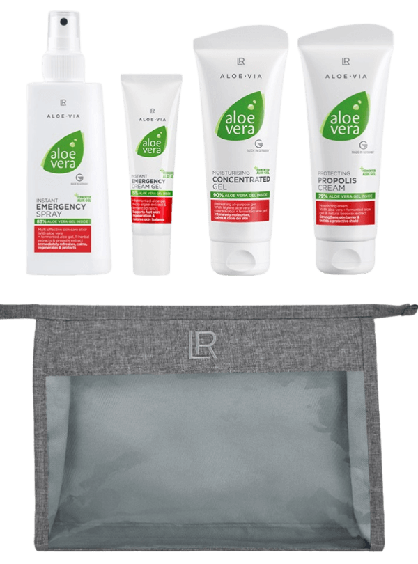 Ensemble complet Aloe Vera pour une peau éclatante : spray d'urgence, gel hydratant et crème protectrice au propolis, parfait pour la régénération et l'hydratation quotidienne.