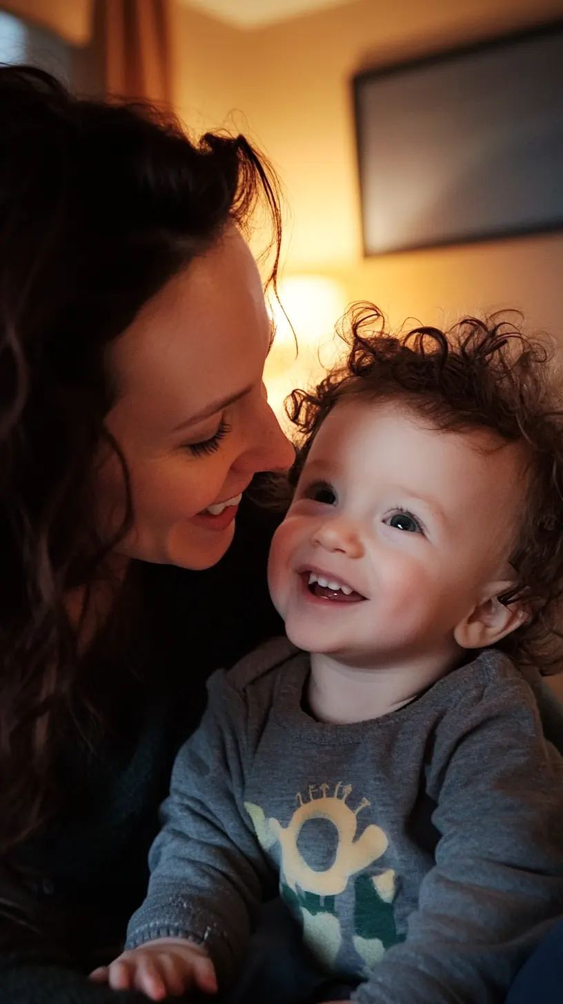 Maman souriante regardant son enfant après un moment de soin naturel avec de l’aloe vera.